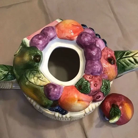 SUSAN WINGET Certified Teapot Ceramic Fruit-Basket Weave Design Approx. 14 x 8 - Picture 7 of 9